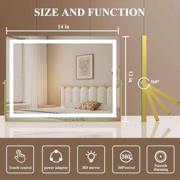 Lighted 14x12" Vanity Mirror, Gold Frame