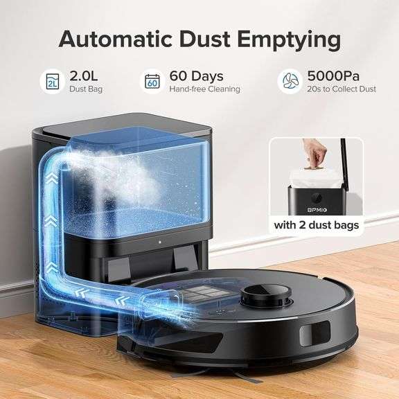 BPMIO Robot Vacuum/Mop, Self-Emptying, 5000pa