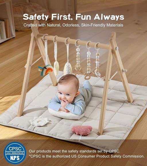 Baby Gym with Mat, Wooden Play Gym, 9 Toys