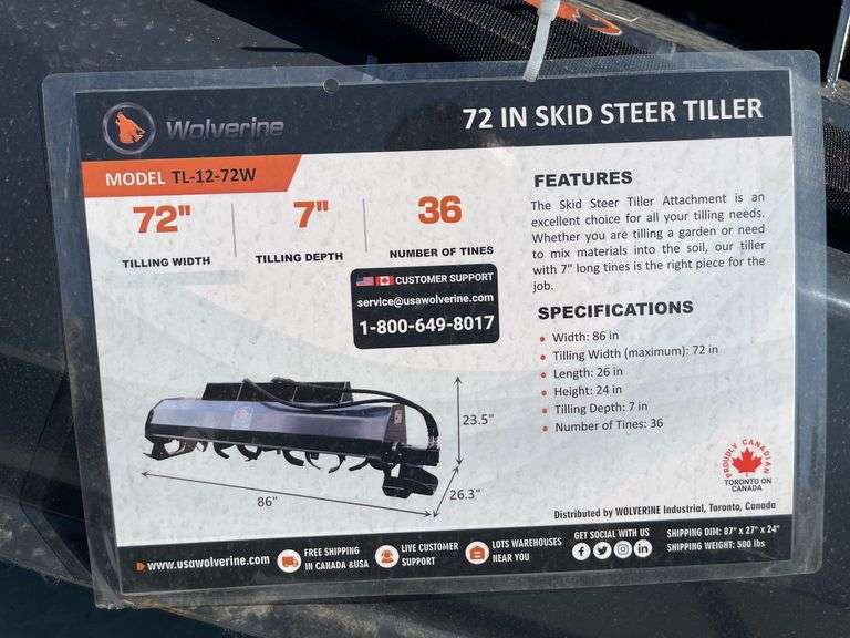 2025 Wolverine TL-12-72W Skid Steer 72" Tiller