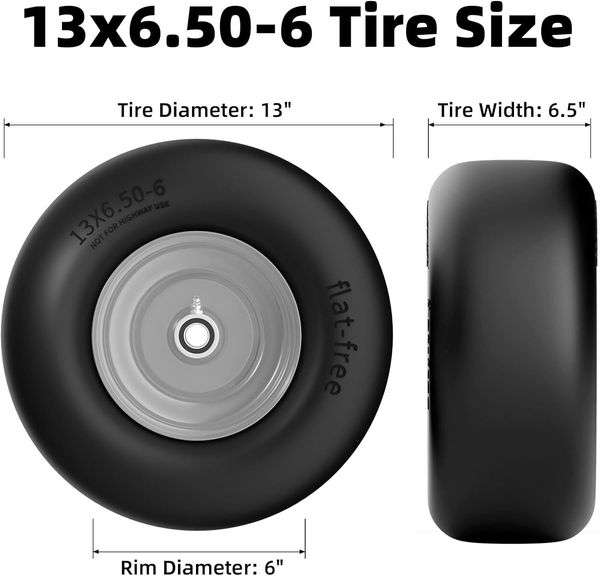 13x6.50-6 Lawn Mower Tires Flat Free, 2Pack