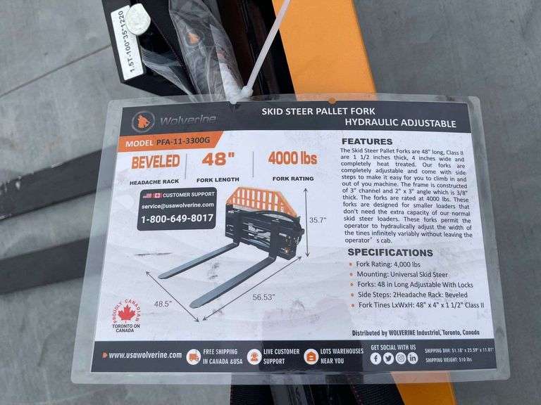 2025 Wolverine PFA-11-3300G Hydraulic Adjustable Skid Steer Pallet Fork