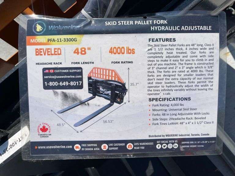 2025 Wolverine PFA-11-3300G Hydraulic Adjustable Skid Steer Pallet Fork