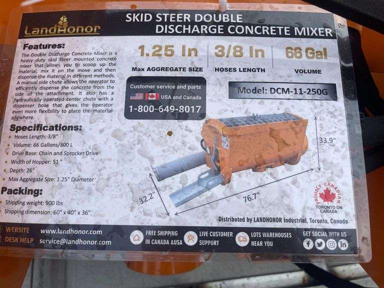 2024 Land Honor DCM-11-250G Skid Steer Double Discharge Concrete Mixer