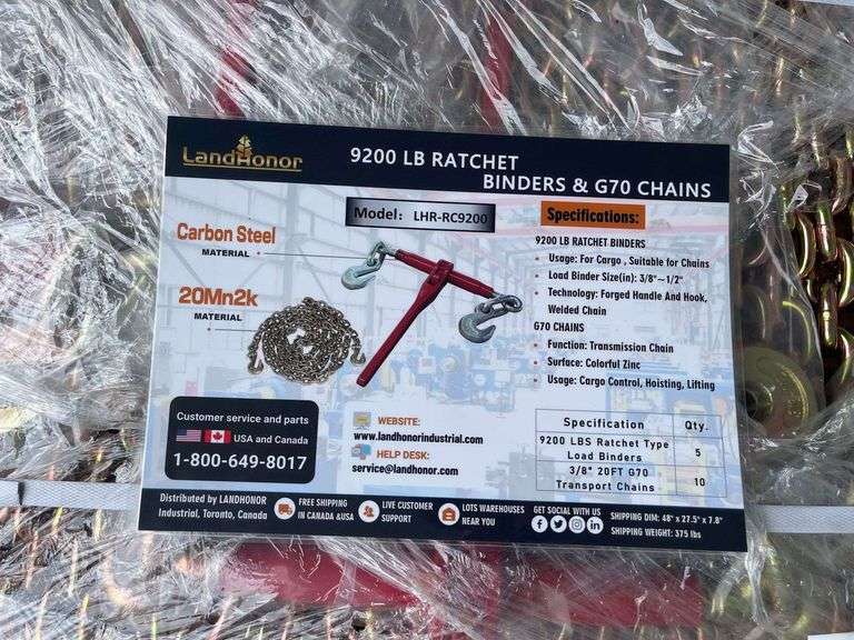 Pallet of Land Honor (5) 9200lb Ratchet Binders & (10) G70 3/8"x20' Chains