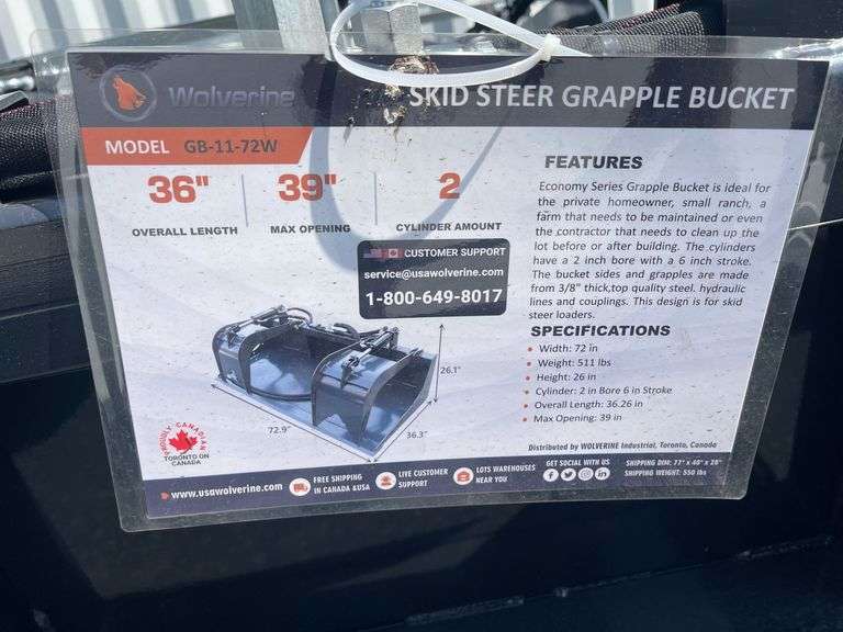 2025 Wolverine GB-11-72W Skid Steer Grapple Bucket