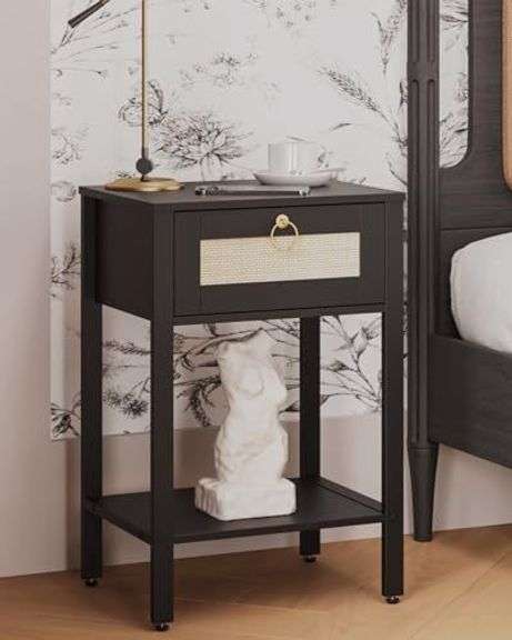 Rattan Nightstand with Drawer and Shelf (Black)
