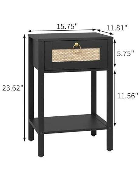 Rattan Nightstand with Drawer and Shelf (Black)