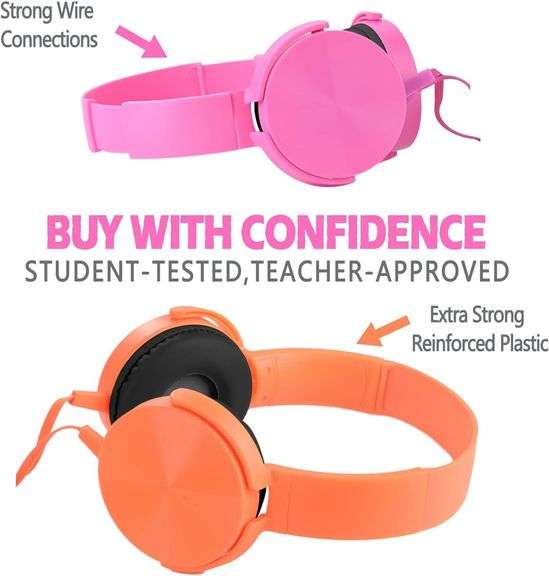 Kids Headphones 2 Pack, School, Wired, Orange+Pink