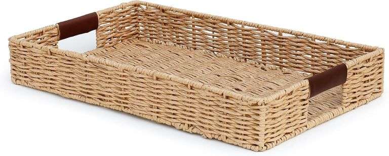 Rattan Tray, 20  x 12  - Leather Handles image
