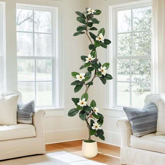 Rubber Tree 7FT in White Planter Pot, Faux Plant image
