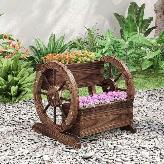 2-Tier Wooden Wagon Planter Box with Wheels image