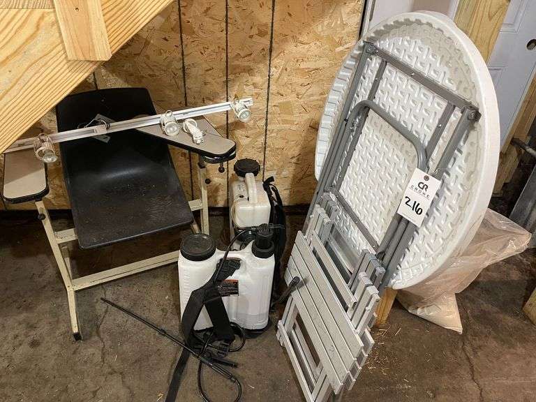 (2) Sprayers, (2) Folding Tables, Chair, Box of Plastic Shakers and Misc. image