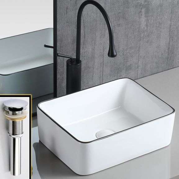 Black Vessel Sink - 16 x 12 Ceramic with Drain image