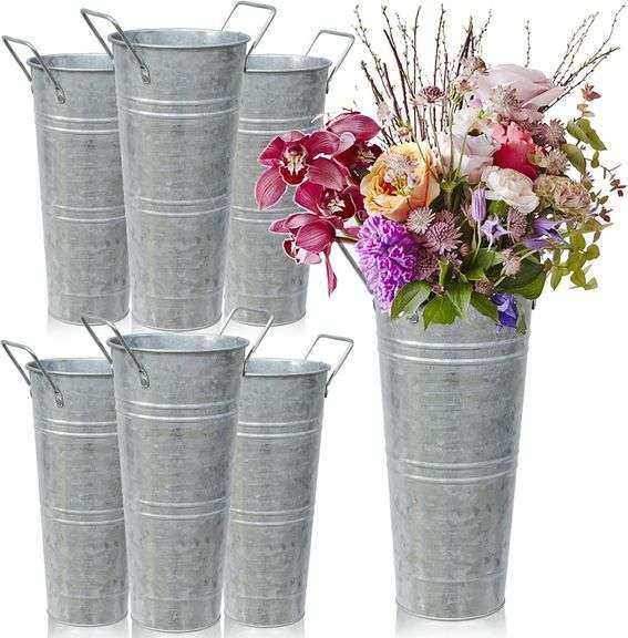 Set of 6 Galvanized Metal Vases with Handles image