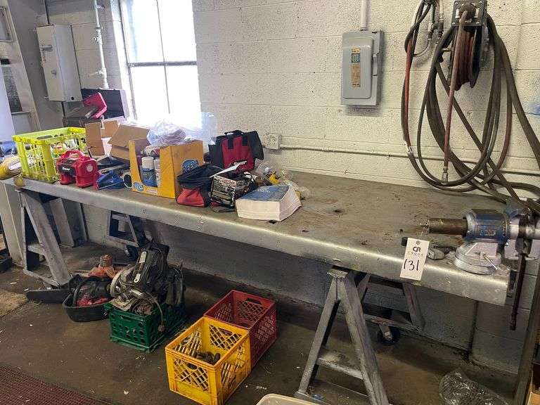 Metal Shop Table with (2) Vises and Contents On and Below Table image