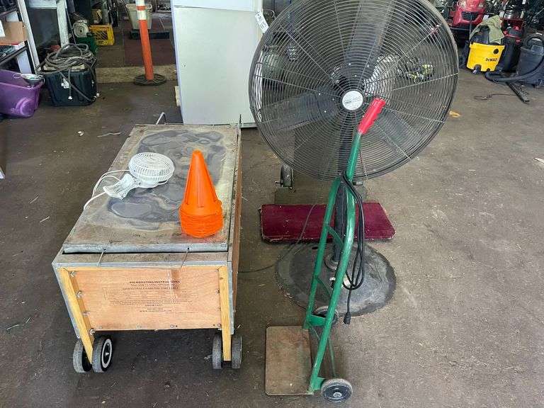 Shop Fan, (2) Hand Carts, Portable Pig Roaster image