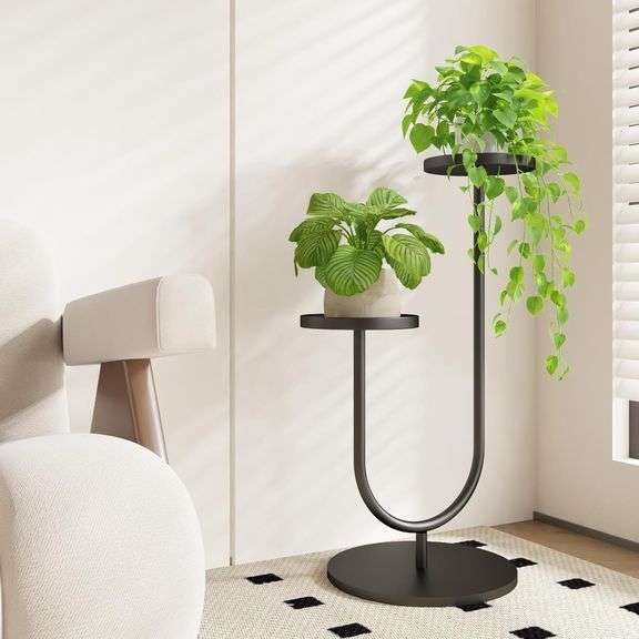 Bamworld Tall Plant Stand for 2 Pots, Black Metal image