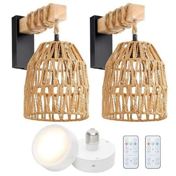 Battery Operated Rattan Wall Sconce Set of 2 image