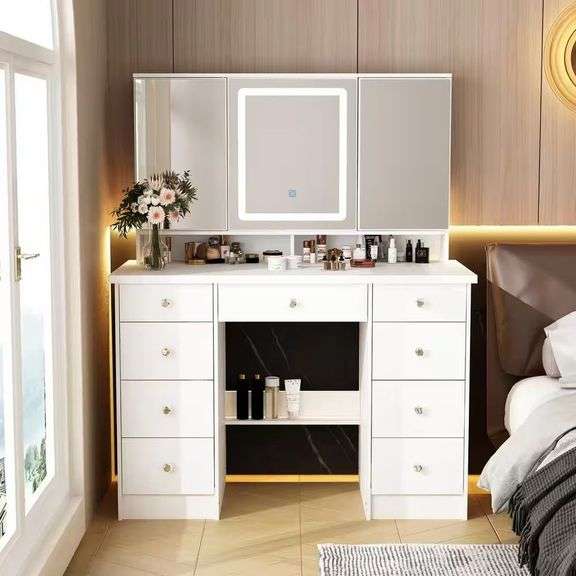 White Makeup Vanity Desk 9 Drawers, Shelves, LED image