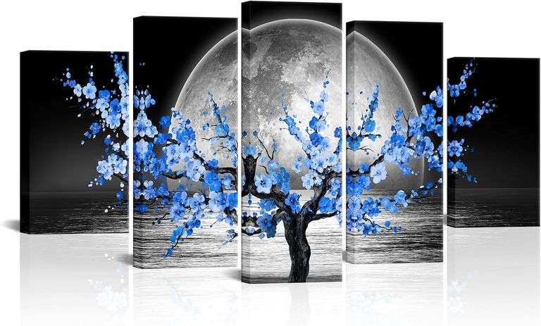 5 Panel Full Moon Phase Canvas, Blue Sakura Tree image