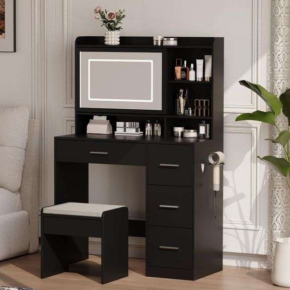 Vanity Desk, Mirror & Lights, Chair, 4 Drawers. image