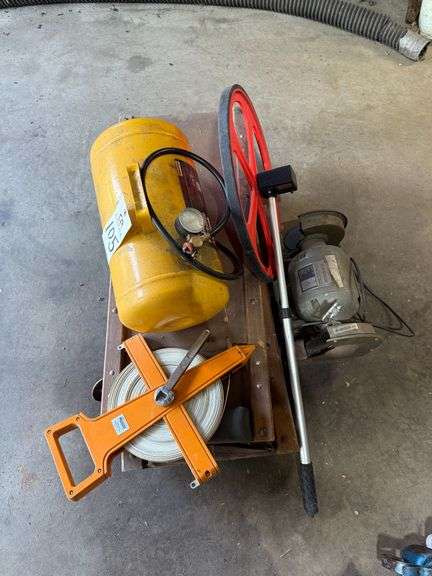 6" Bench Grinder, 5gal. Portable Air Tank, (2) Creepers, Measuring Wheel, Measuring Tape image