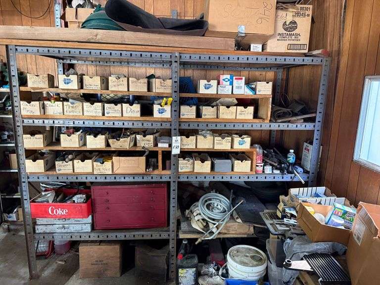 Shelving Unit with Contents, Wood Shop Desk with Contents image