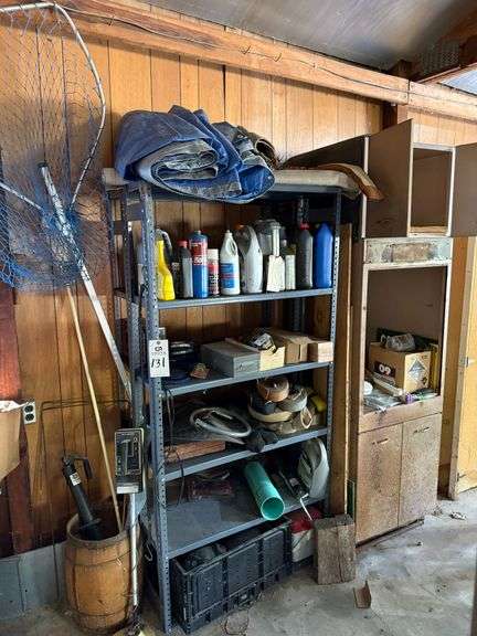 Metal Shelving Unit with Contents, Fishing Net, Storage Cabinet image