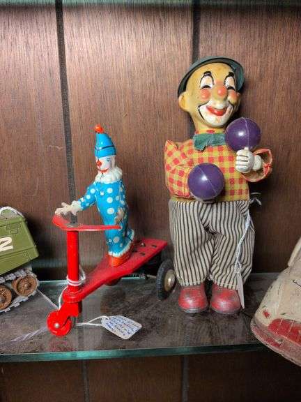 Clown on 3 wheeler(made in Budapest) and tin litho wind-up and clown juggler wind up image
