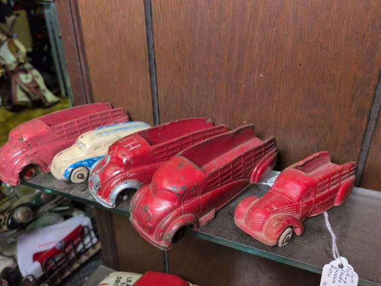 3 Sun Rubber stake trucks (5.5 in), sun rubber pickup truck and Sun Rubber bus image