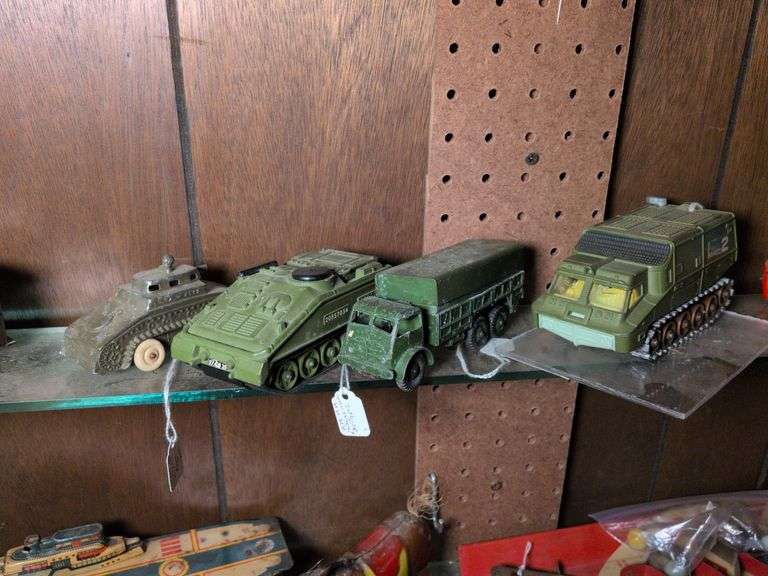 Vintage metal tank, Dinky Striker tank, Dinky #622 10 ton Army wagon and Dinky #353 Shado 2 image