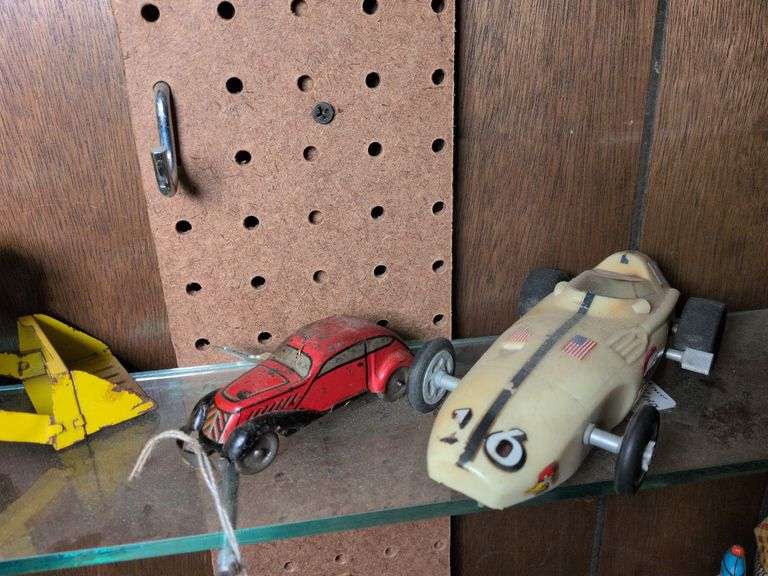 German tin litho wind-up car and Texaco slot racer image