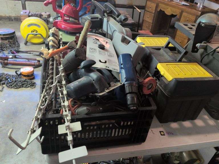 Stanley tool box and contents, drills, saw and misc. image