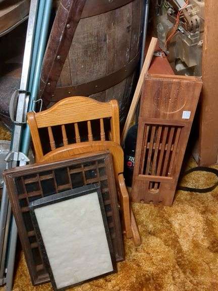 Wooden folding child's rocking chair, wooden tray and 2 display cases image