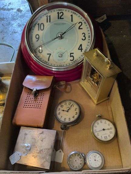 Clocks, box and vintage Magnavox radio image