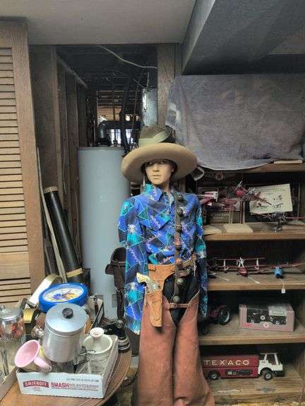 Mannequin w/ 2 cowboy hats, vintage jingle bells, toy holster with Wyandotte cap pistol, chaps and boots image