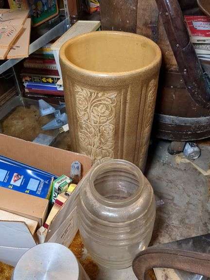 Decorative crock and glass jug image