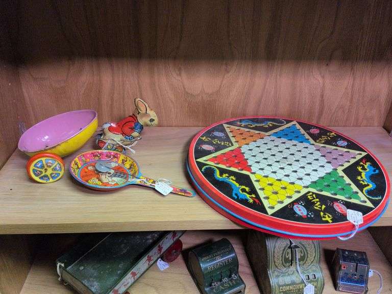 J Chein rabbit with cart, Metal Mfg noise maker and Ohio Art Chinese checkers image