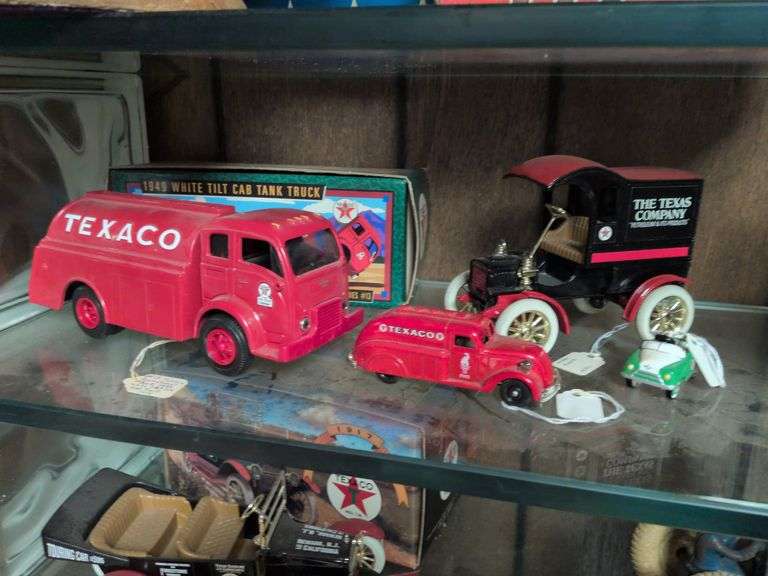 Ertl Texaco tank truck bank with box, Ertl Texaco bank van, Lledo Texaco toy truck and mini Texaco toy pedal car image