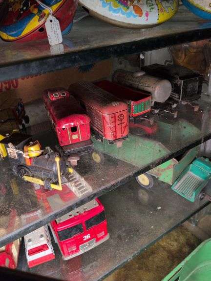 Western Comic wind-up train, Marx train cars, Marx Gravel truck and train cars image