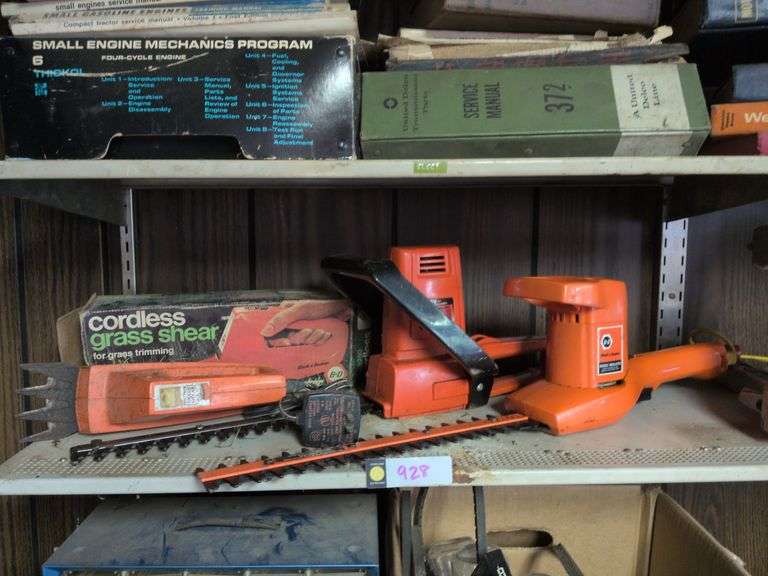 4 lawn shears: Black & Decker shrub and hedge trimmer and cordless grass shear, Village Blacksmith hedge trimmer and Craftsman grass shear image