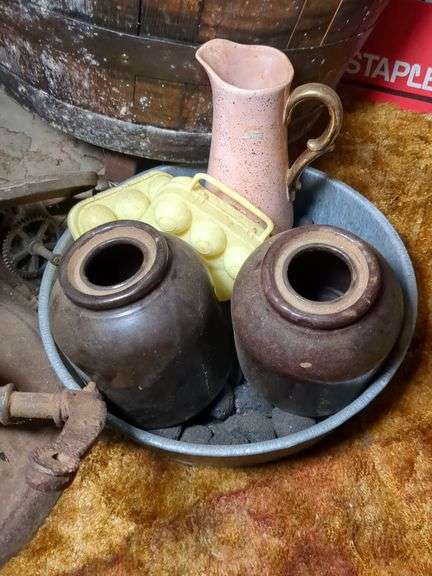 Stoneware jugs, water pitcher and 2 egg containers image