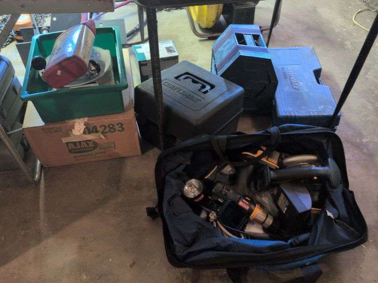Ryobi drills, socket set, electrical parts, Craftsman buffer, case of Ajax and more! image