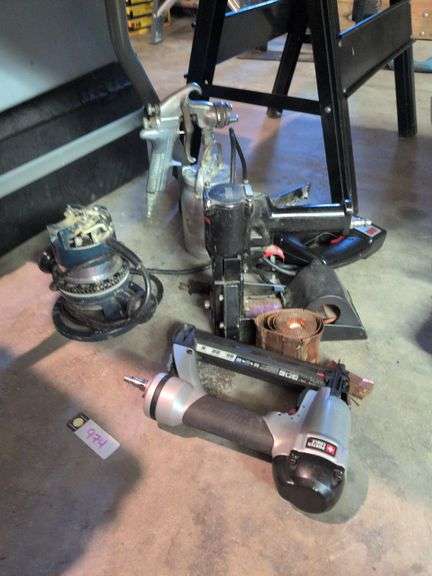 Porter Cable Brad nailer, Unline pneumatic roll feed stapler, router, Skil variable speed jigsaw and Devilbliss paint sprayer image