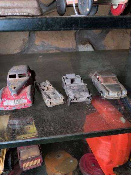 Hubley die cast Cadillac, Midget Toy Car, Tootsie Toy Jeep and Corgi Mercedes Benz image