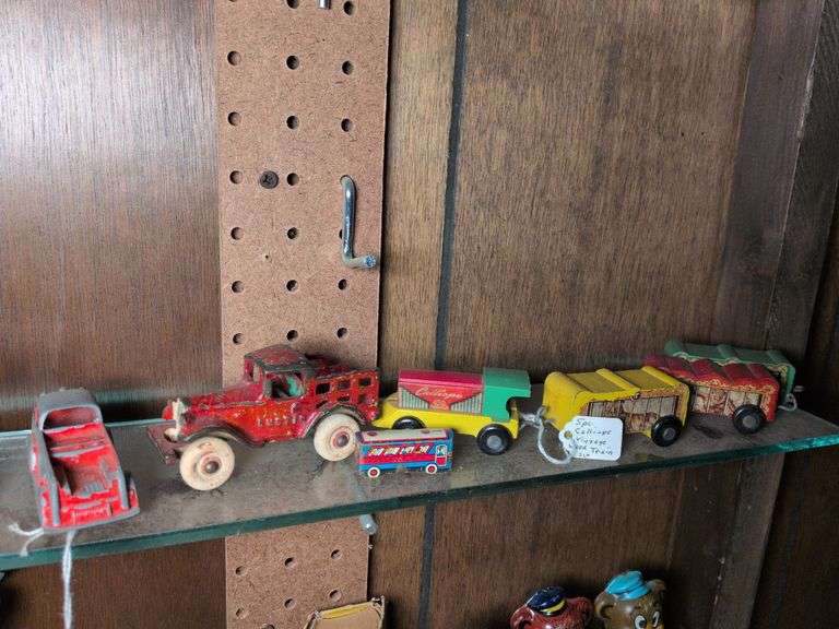 Tootsie car fire engine, cast iron wagon truck, 4 piece Calliopie vintage wood train image