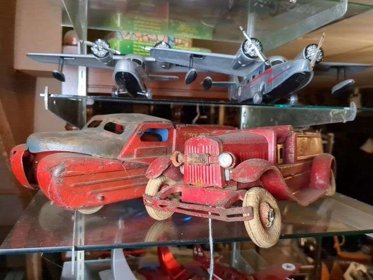 Marx wind-up stake truck and Kingsbury fire truck image