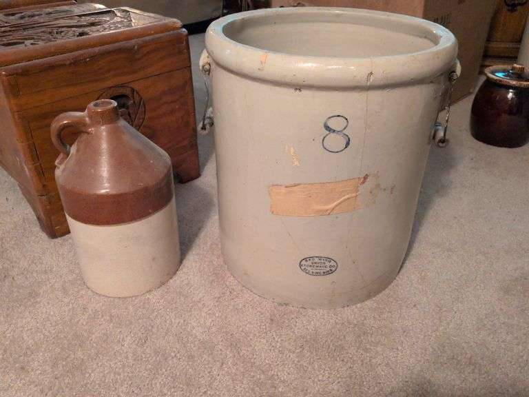 16" Red Wing Union Stoneware Crock and 12" stoneware jug image