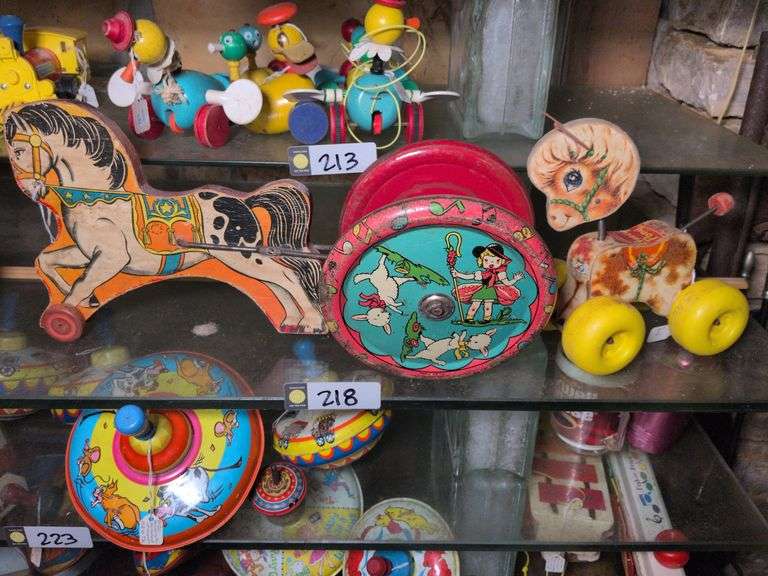 Gong bell mfg. wooden horse pull toy and Fisher Price Prancy Pony #617 image